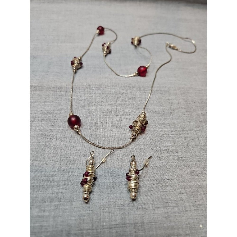 Matching Wound Steel Design Red Bead Necklace and Earrings, 29'' Length Necklace